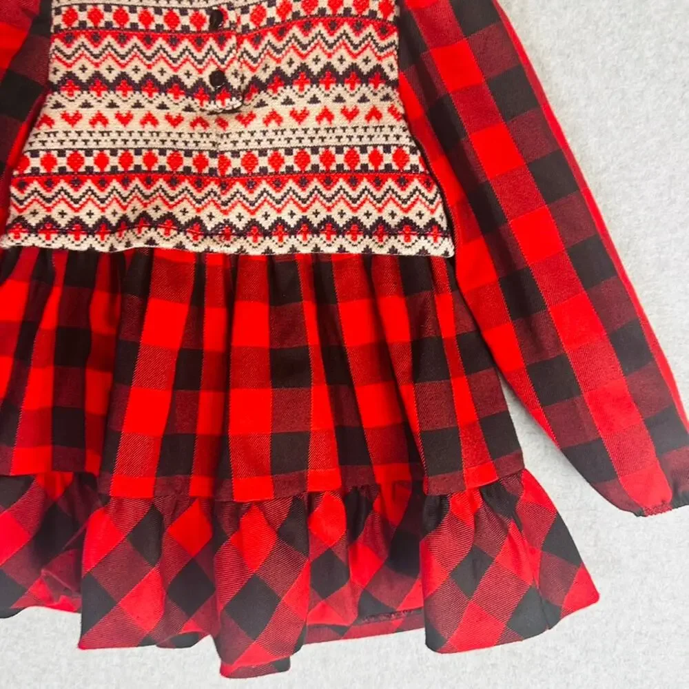 Bonnie Baby Girls Sz 4T Dress Buffalo Plaid Red Black Long‎ Sleeve Button